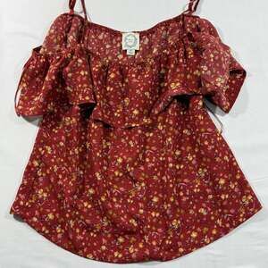 Blue Rain Red Floral Ruffle Cold Shoulder Blouse